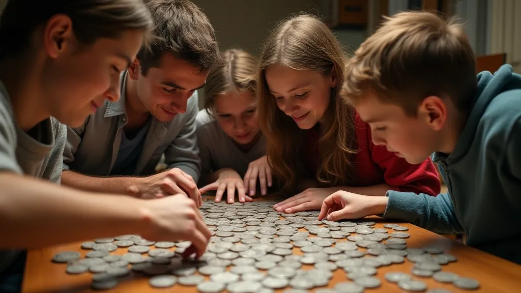 A group of friends searching through their change for 1965 quarters, excitedly asking how to tell if you have a 1965 error quarter.