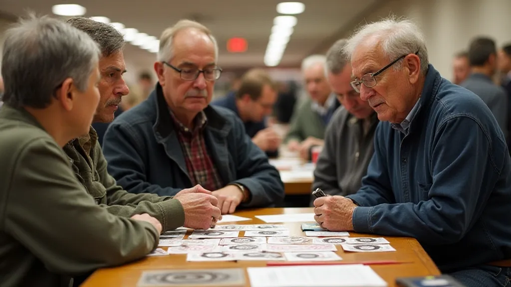 An eager collectors at a local coin show, discussing 1965 quarter errors and sharing tips on spotting a rare 1965 quarter.