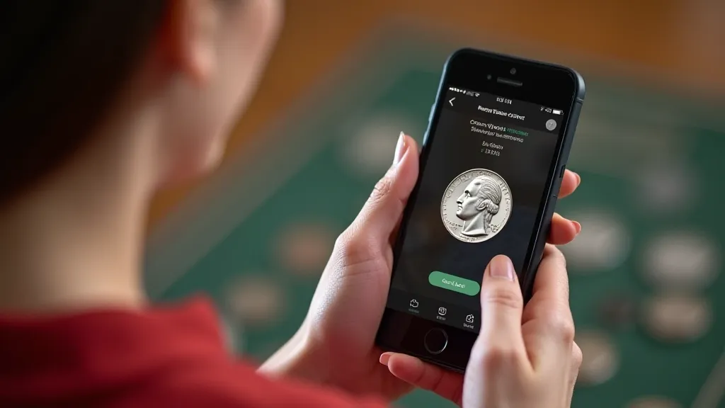 A novice female collector using a Coin ID Scanner app to identify her 1965 quarter, exploring  its rarity and potential value.