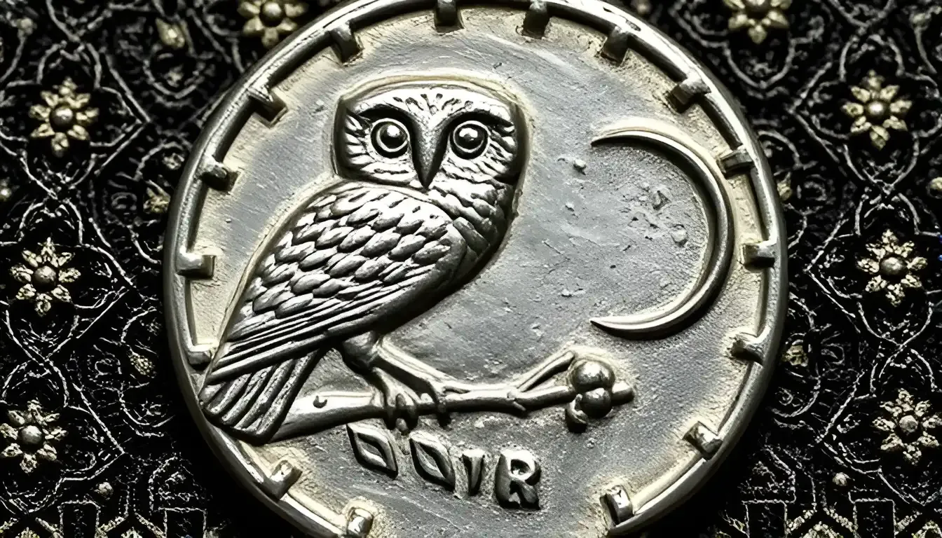 A photo of an Athenian Tetradrachm with the iconic owl of Athena and the crescent moon on it