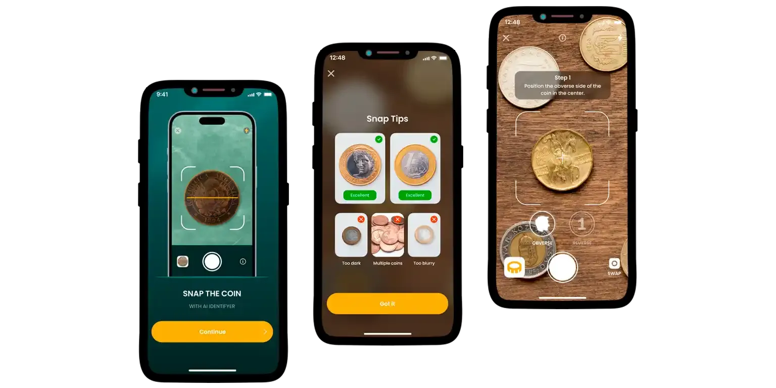 A screenshot from Coin ID Scanner that demonstrates the main features of the app, including coin identification, numismatic encyclopedia, and the like.