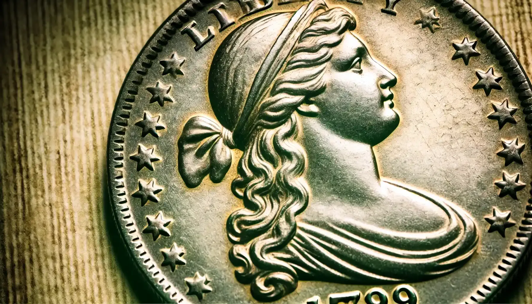 A detailed view of obverse side of draped bust coins, emphasizing Lady Liberty's graceful depiction.