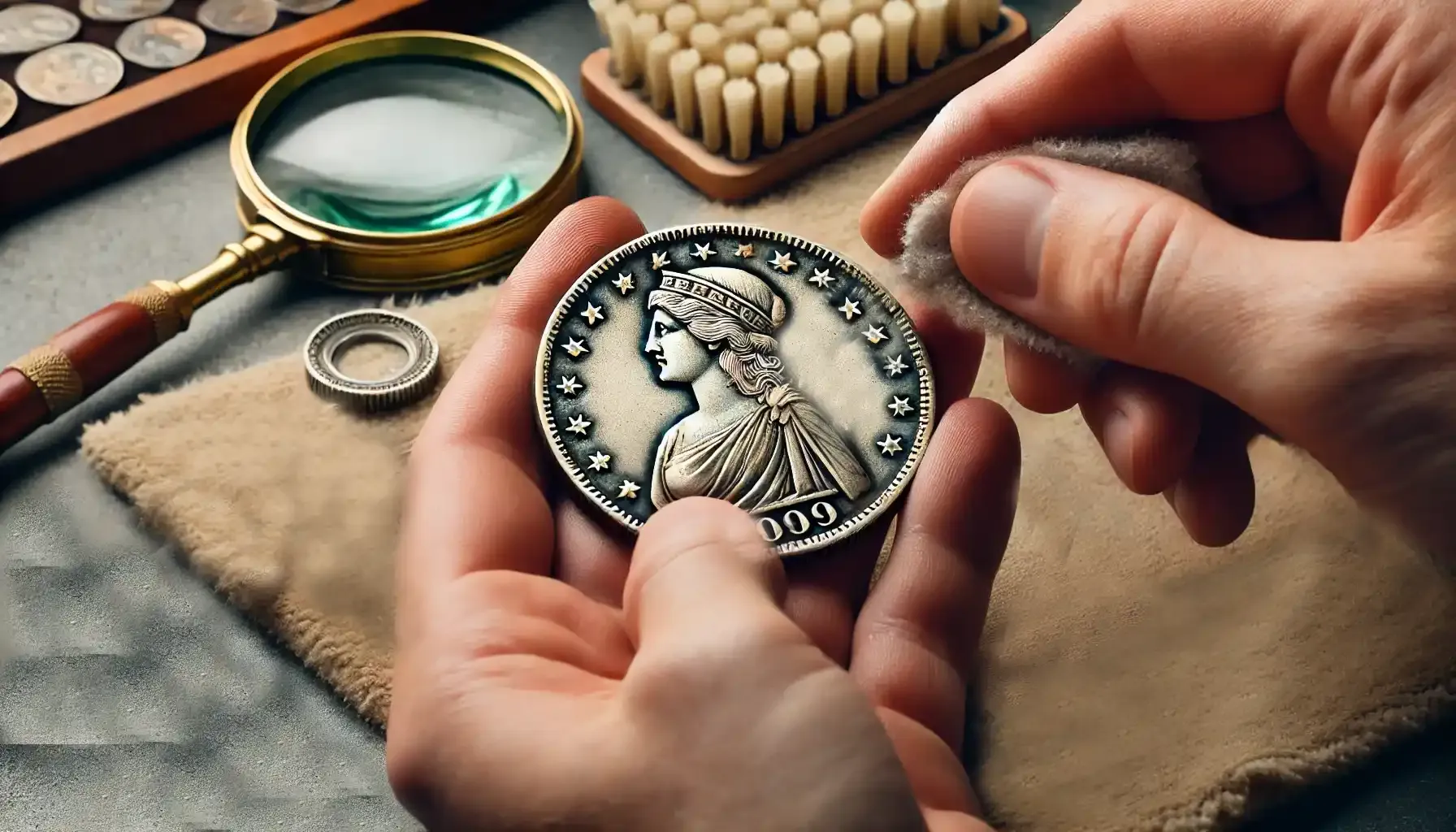 A numismatist carefully cleaning a capped bust dime, ensuring it maintains its value for future collectors.