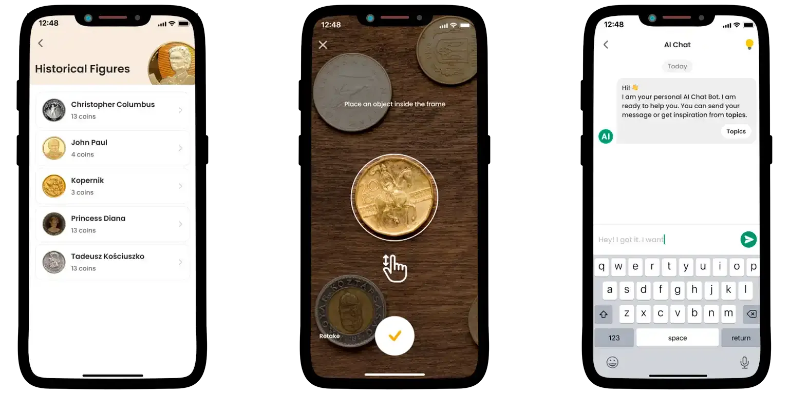 A screenshot from the Coin ID Scanner app that shows the main screen and some features that may be useful in any numismatic endeavor