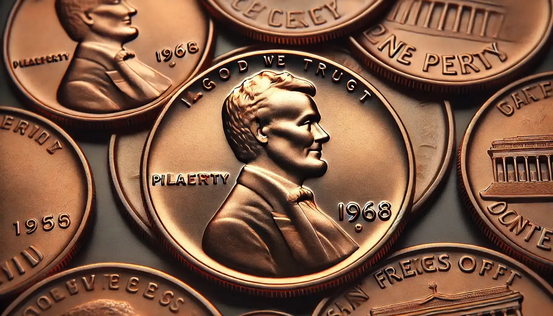 A set of 1968 pennies from Philadelphia, Denver, and San Francisco mints, highlighting the rare 1968 S penny prized by collectors for its low mintage.