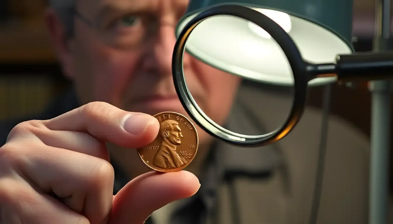 Collector evaluating a 1968 D penny in god we trust error under a magnifying glass for potential investment.