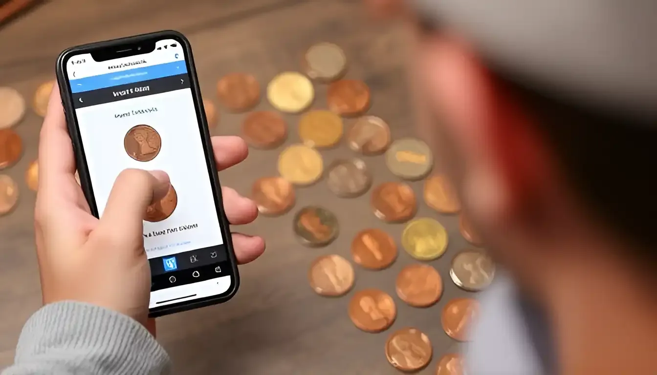 A novice coin collector using the Coin ID Scanner app to assess the value of a 1968 penny collection.