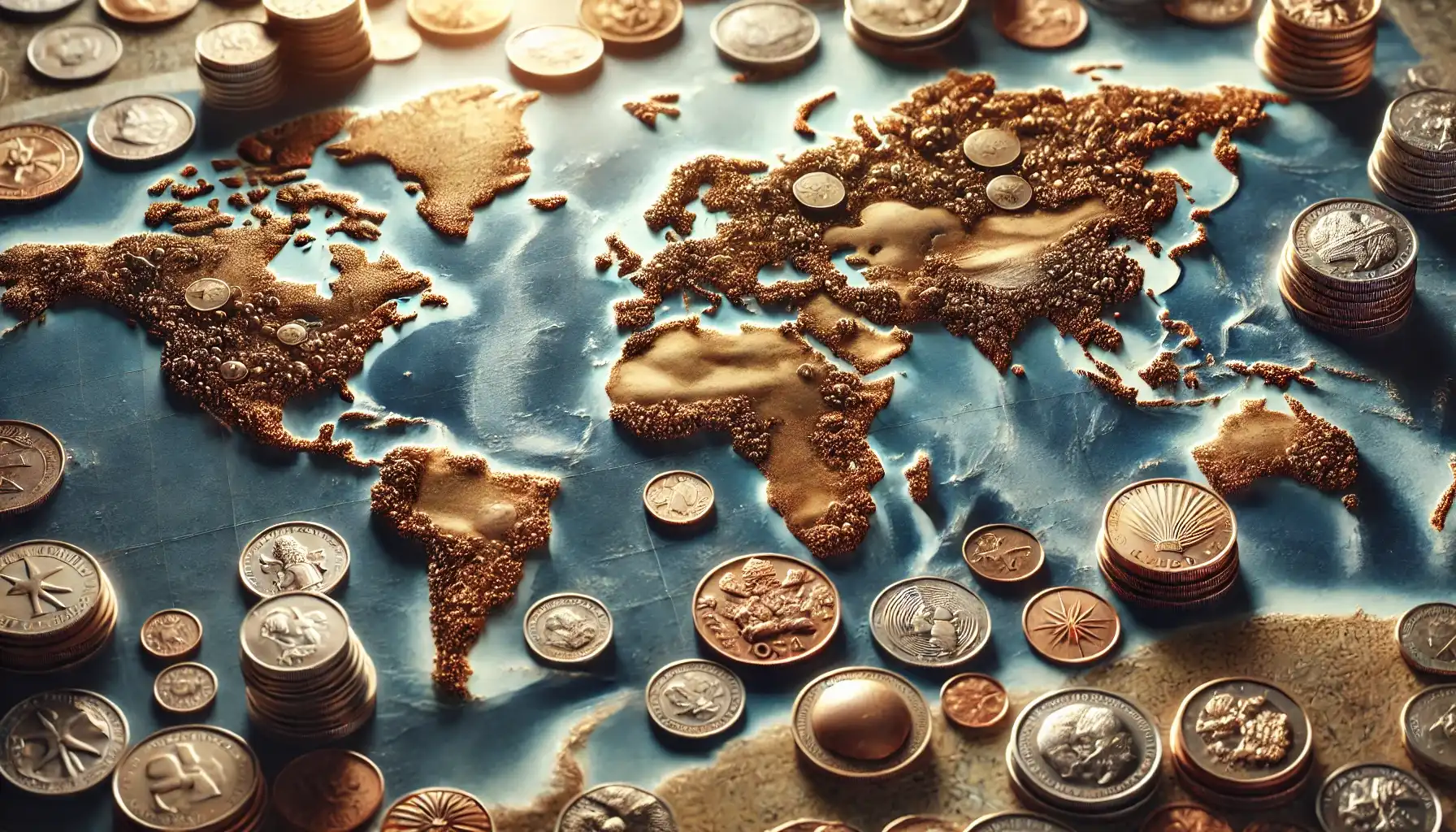 A picture of coins scattered all across a map, symbolizing global currency, exploration, and efficient investing in coins.