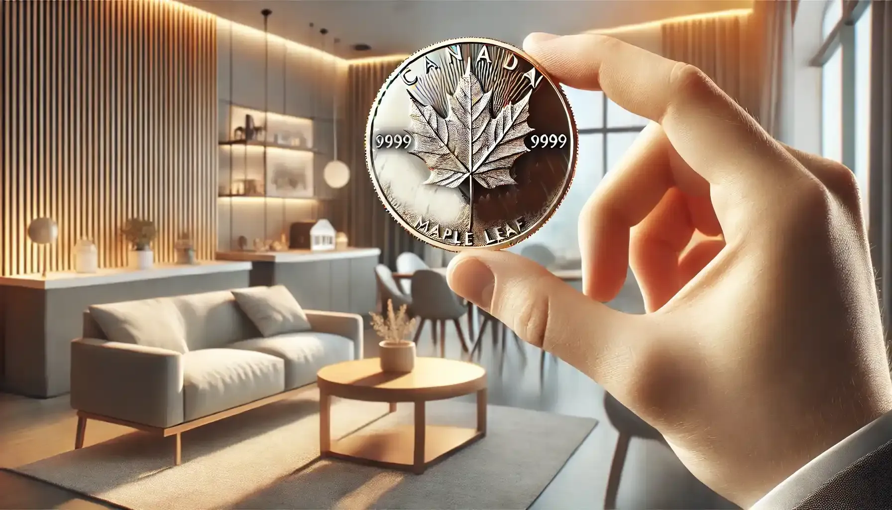 A collector admires the Canadian Maple Leaf coin, appreciating its 0.9999 purity , making it top coins to collect and invest.