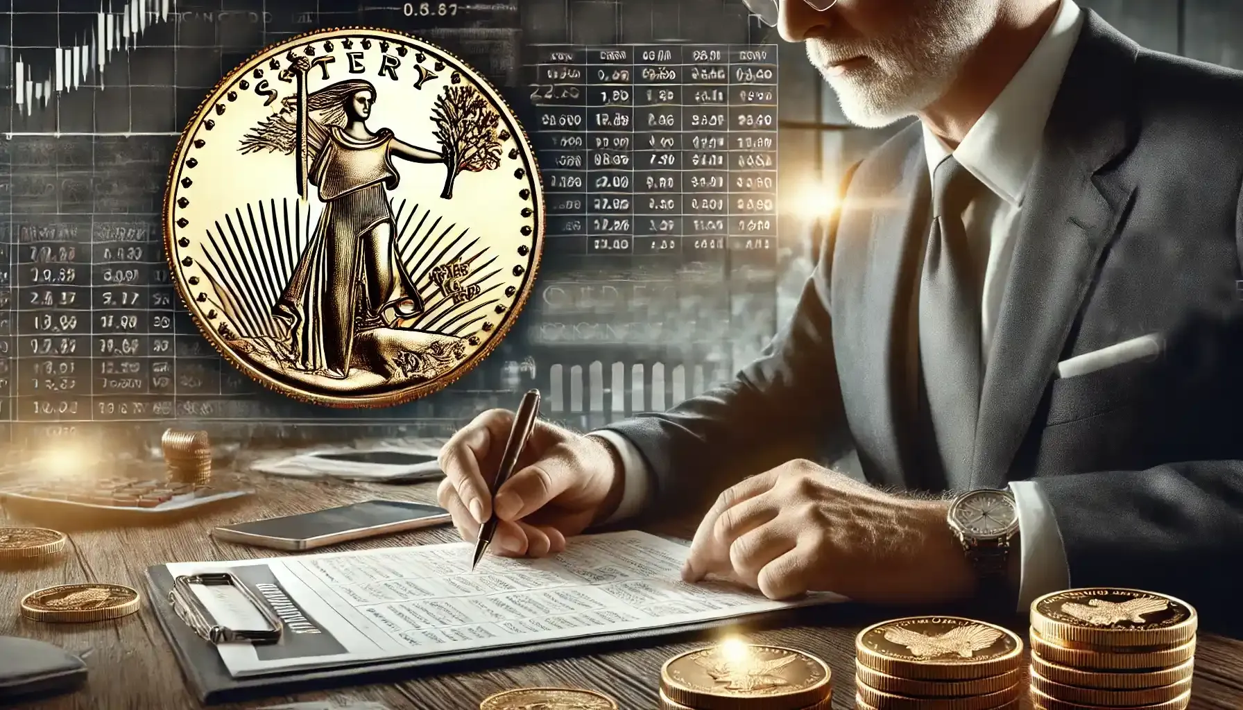 A seasoned investor examines the list of gold coins for investment, including  American Gold Eagle coin with its high market value for collectors.