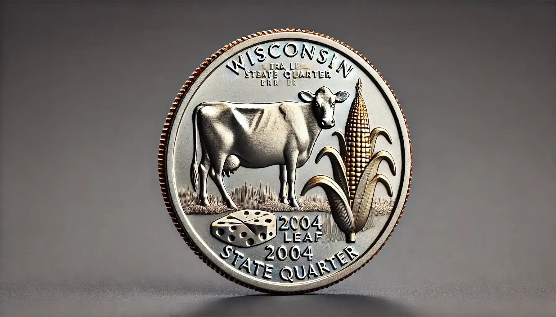 A picture of a 2004 Wisconsin state quarter featuring the “extra leaf” error, highlighting the reverse side with an additional leaf on the corn stalk in the design