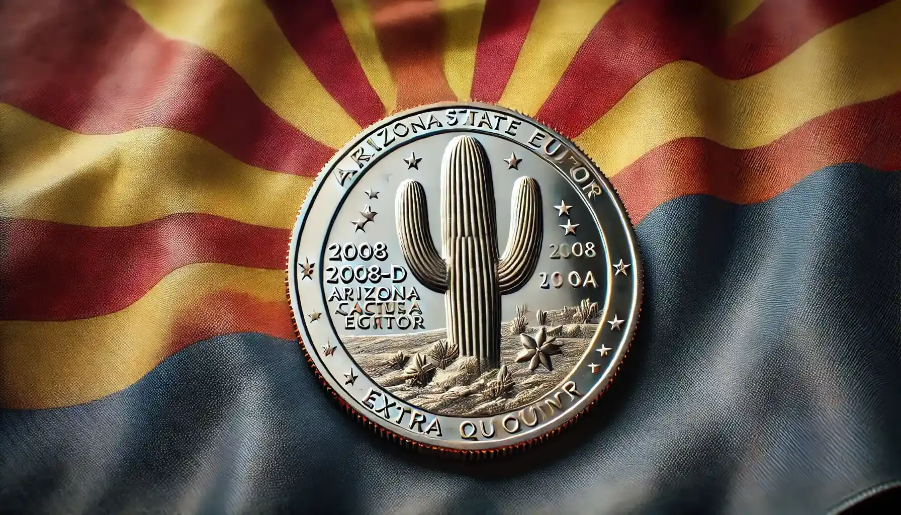 A picture of a 2008-D Arizona state quarter featuring the “extra cactus” error, showing the reverse side with an additional cactus design in the background