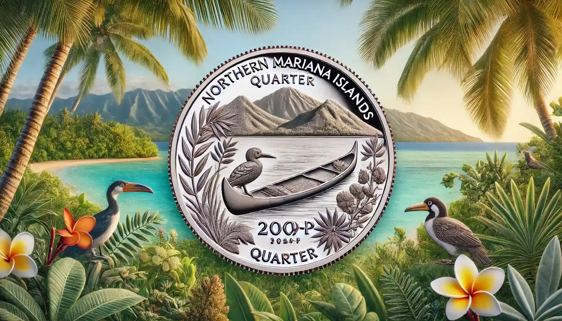 A picture of a 2009-P Northern Mariana Islands quarter, featuring a traditional canoe, tropical seabird, and island vegetation on the reverse side