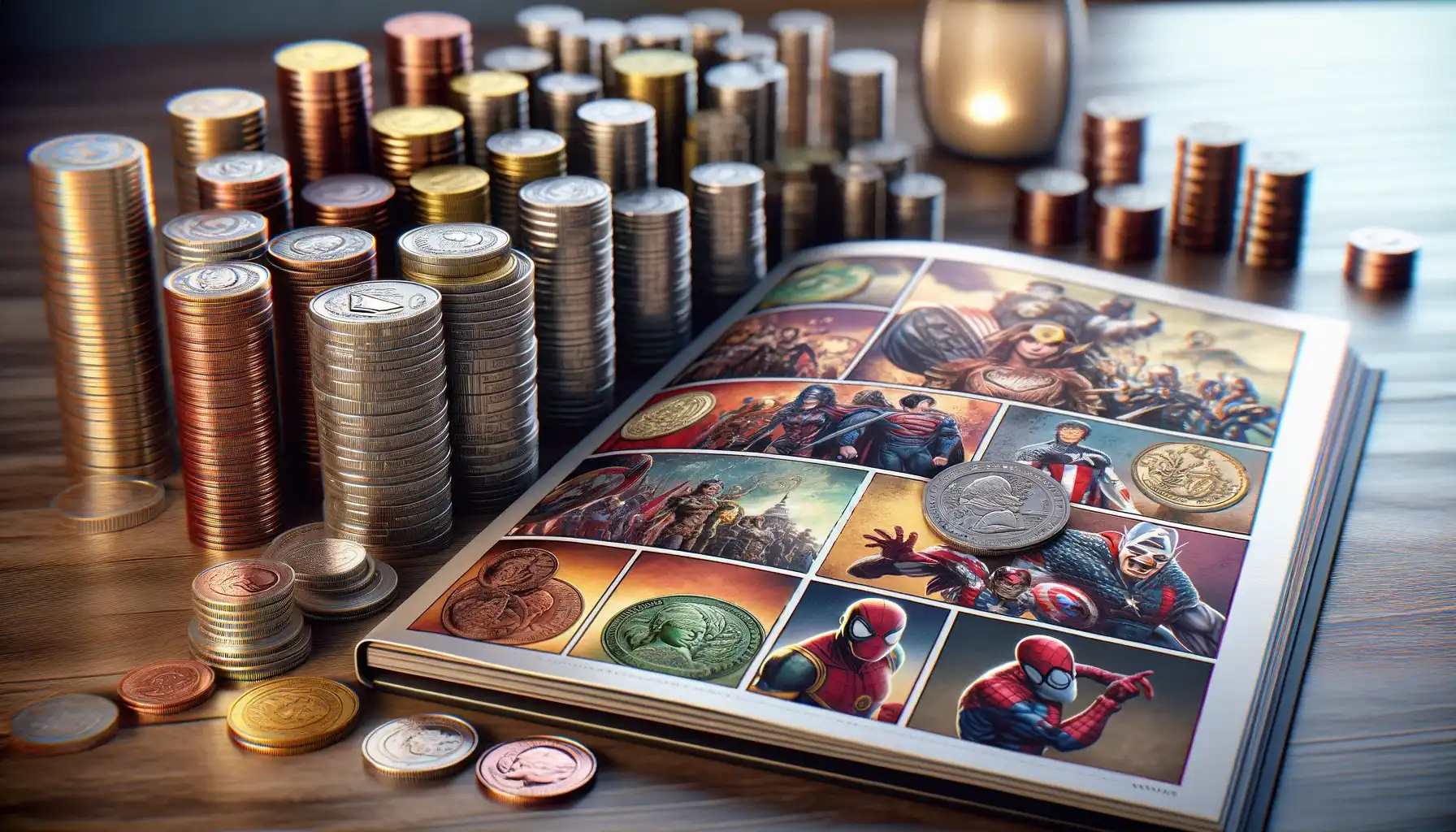 A picture of a large Superman coin collection displayed alongside a comic book.