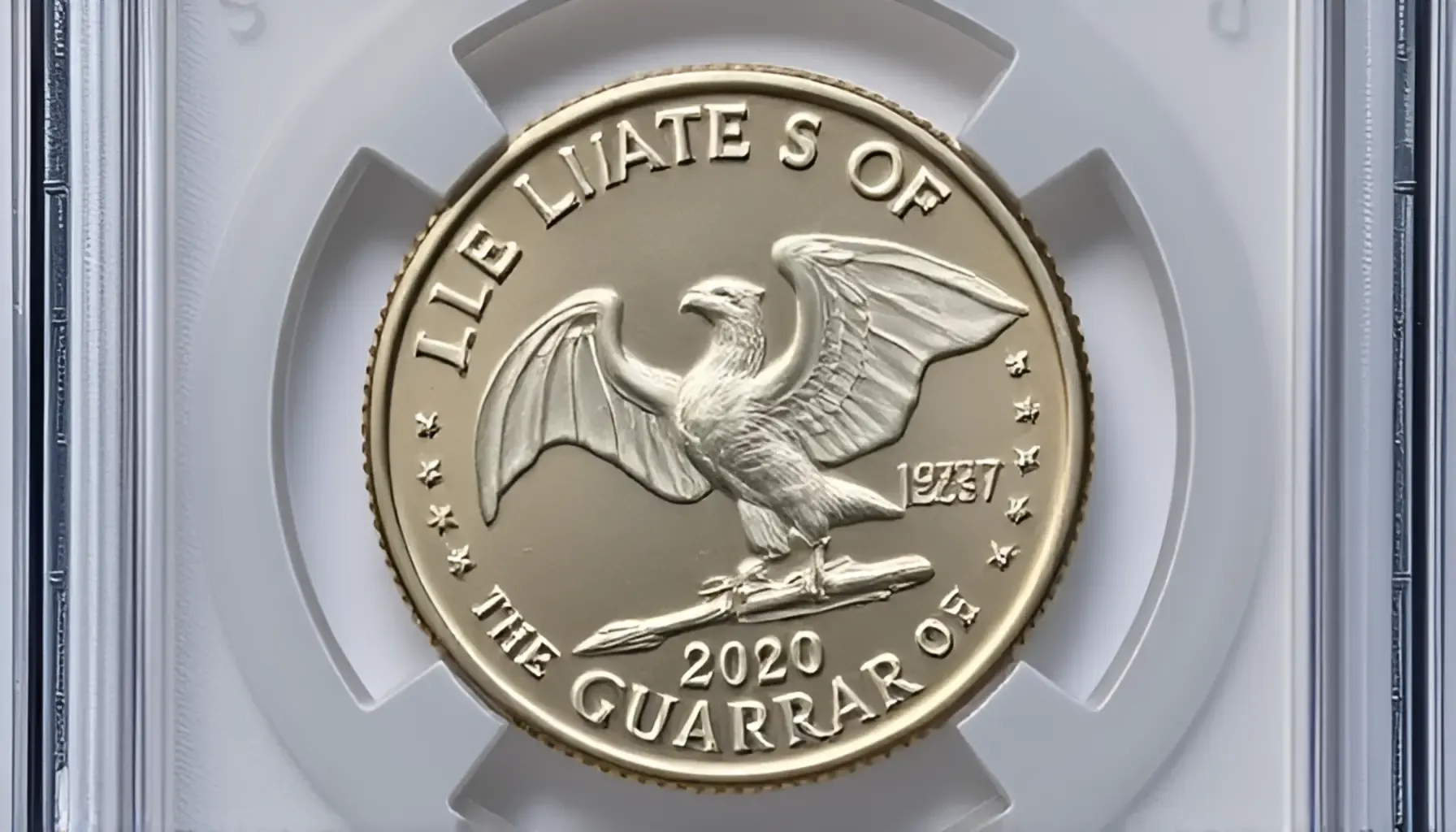 A picture of a 2020 bat quarter, encased in a coin slab, featuring an off-center strike error with a neutral background