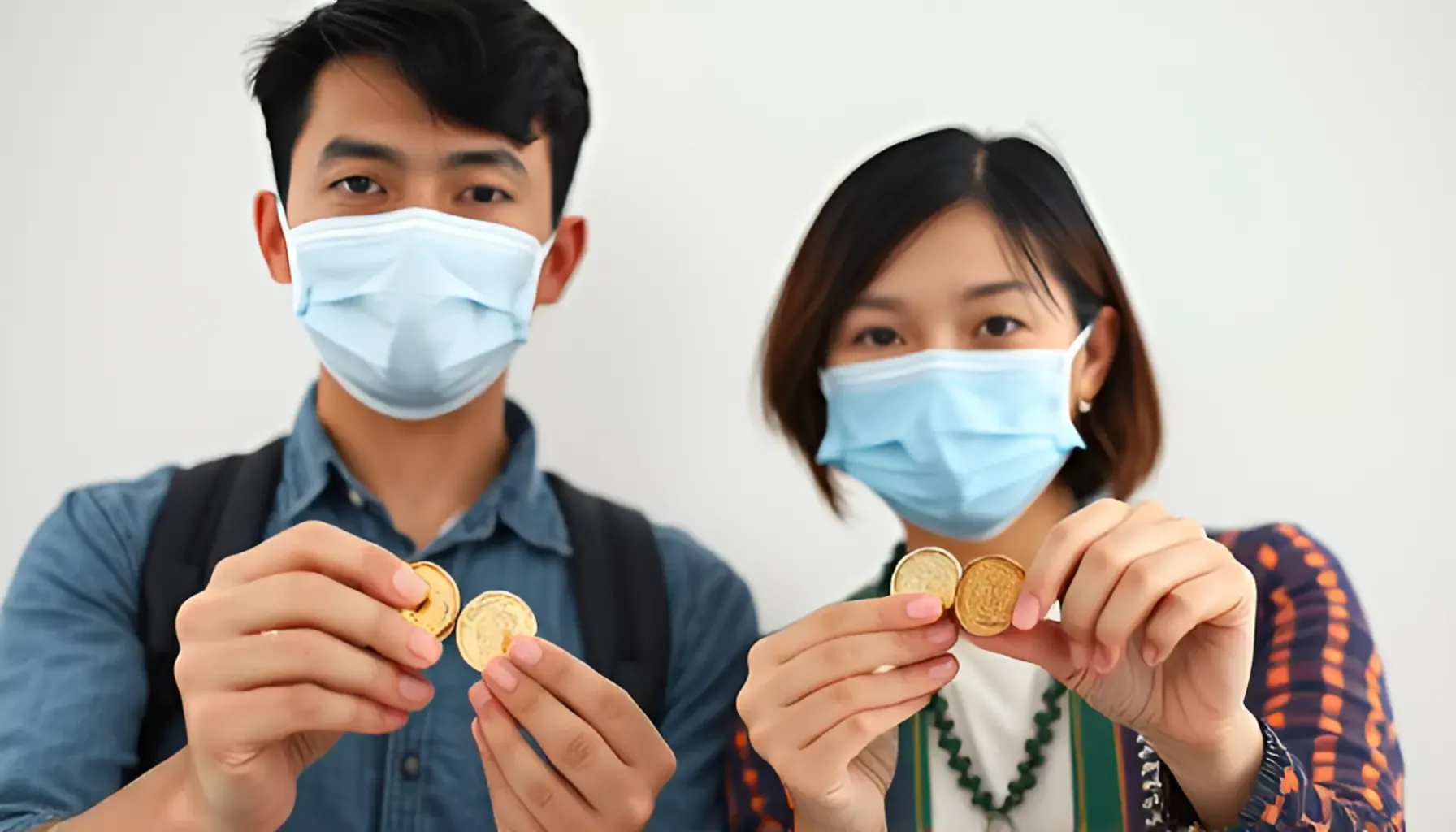 A picture of two people holding coins and wearing medical masks, symbolizing the unique challenges and adaptations of daily life in 2020 during the COVID-19 pandemic.