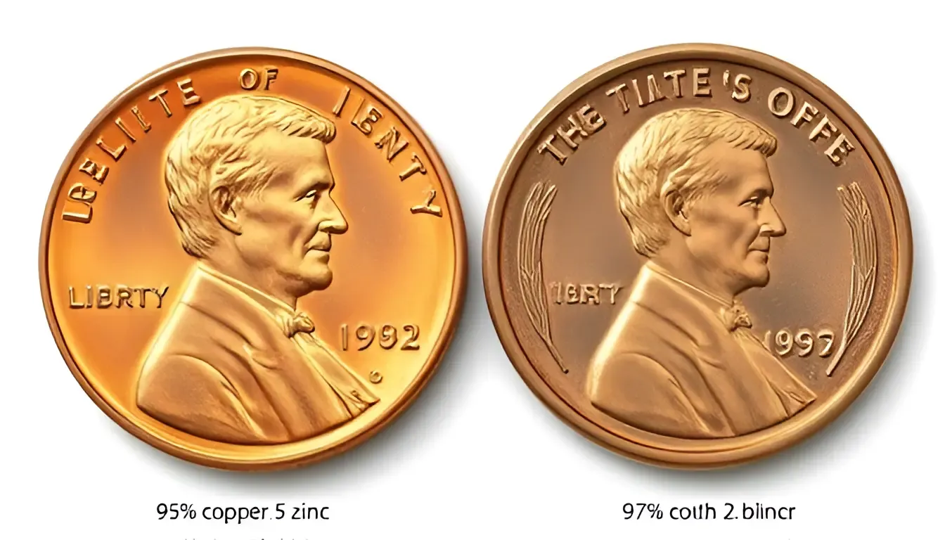 A picture comparing two 1982 pennies: one made of 95% copper and 5% zinc, and the other consisting of 97.5% zinc with 2.5% copper