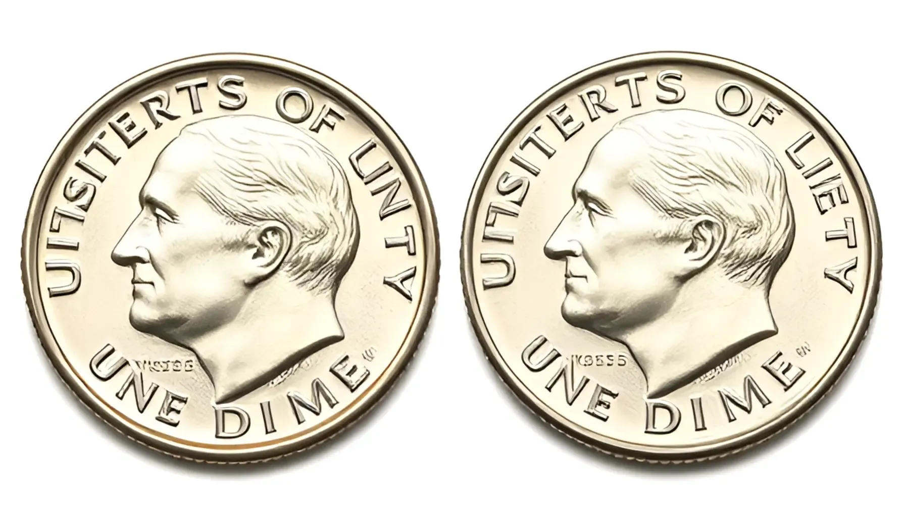 A picture of a US dime with an off-center strike error, showing the design shifted noticeably away from the center, leaving a blank area on one side
