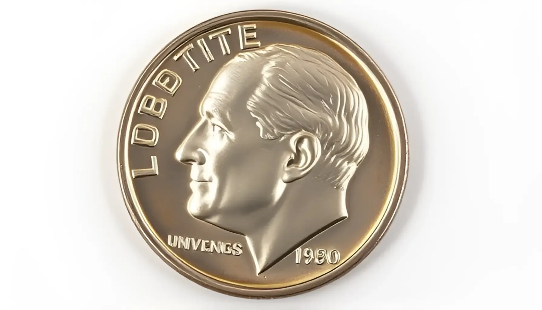 A picture of a 1980 US dime with doubled edges, showcasing the noticeable layering effect around the coin’s rim caused by a minting error