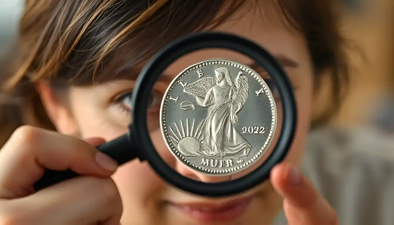 a female numismatist looking at the 2022 voto para la mujer quarter through a magnifying glass