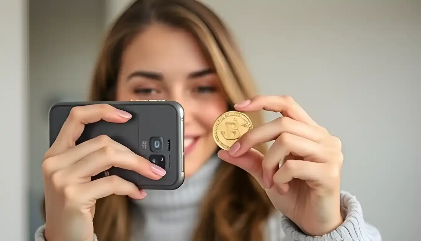 a smiling woman taking picture of a coin with her smartphone