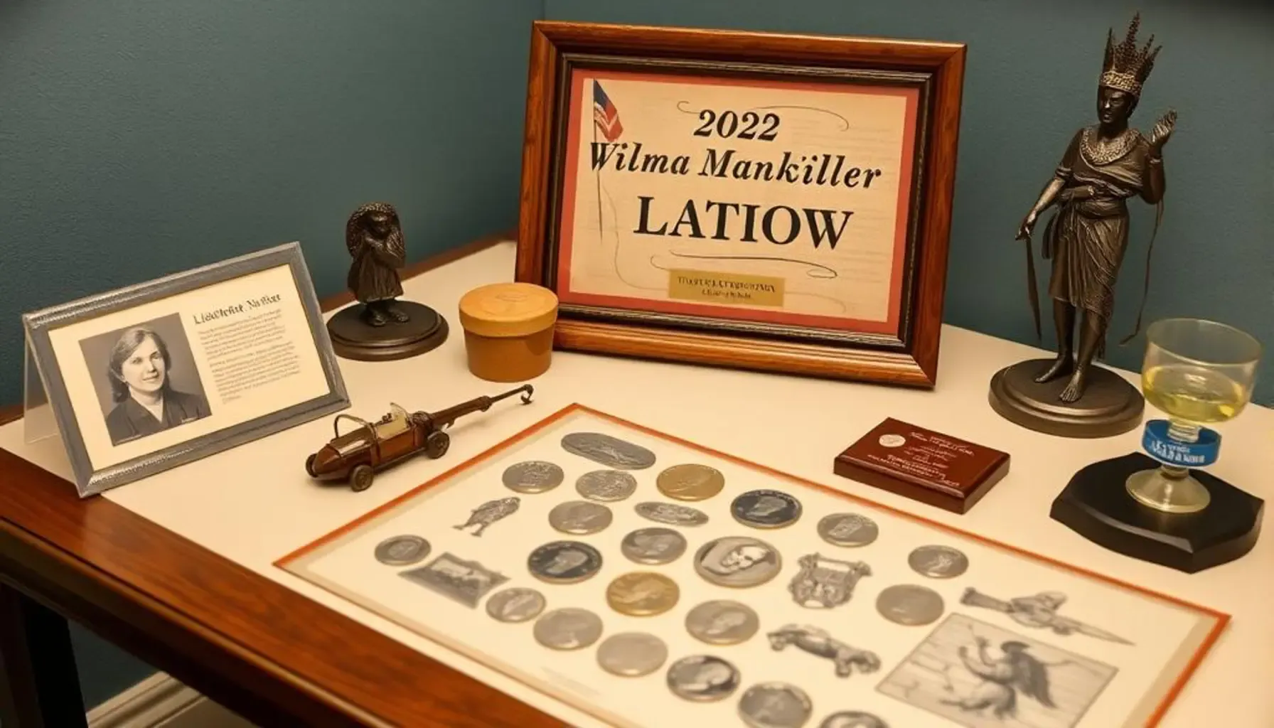 A collector's table displaying 2022 Wilma Mankiller quarters alongside historical Cherokee Nation artifacts