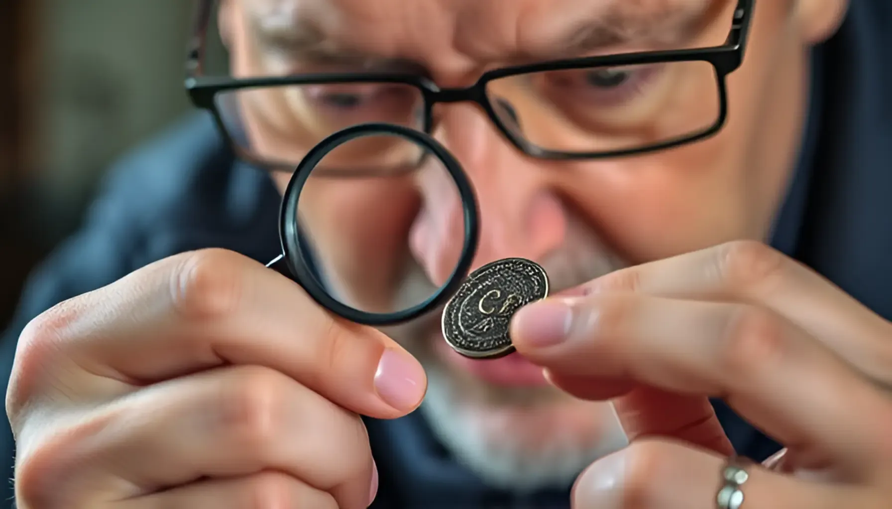 A picture of a coin collector carefully inspecting a coin with a magnifier, focusing on the intricate details of the coin