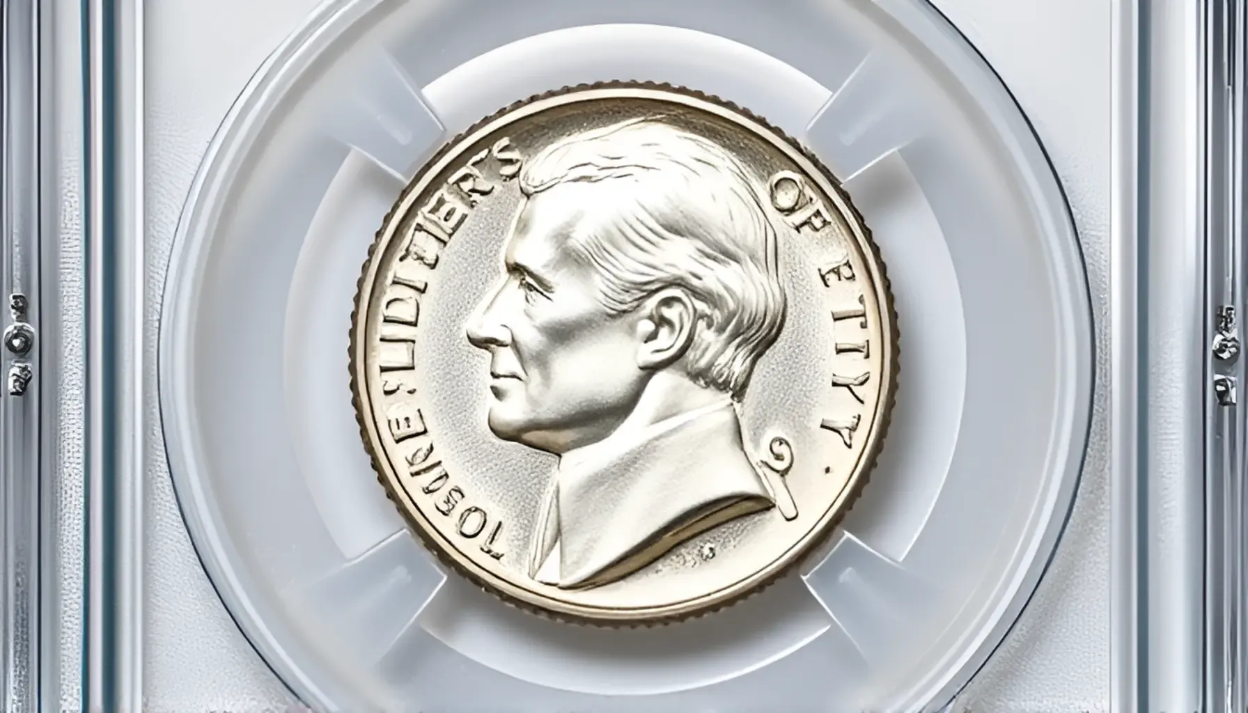 A picture of a 1964 proof nickel encased in a protective coin slab, with the coin’s polished, mirror-like surface clearly visible