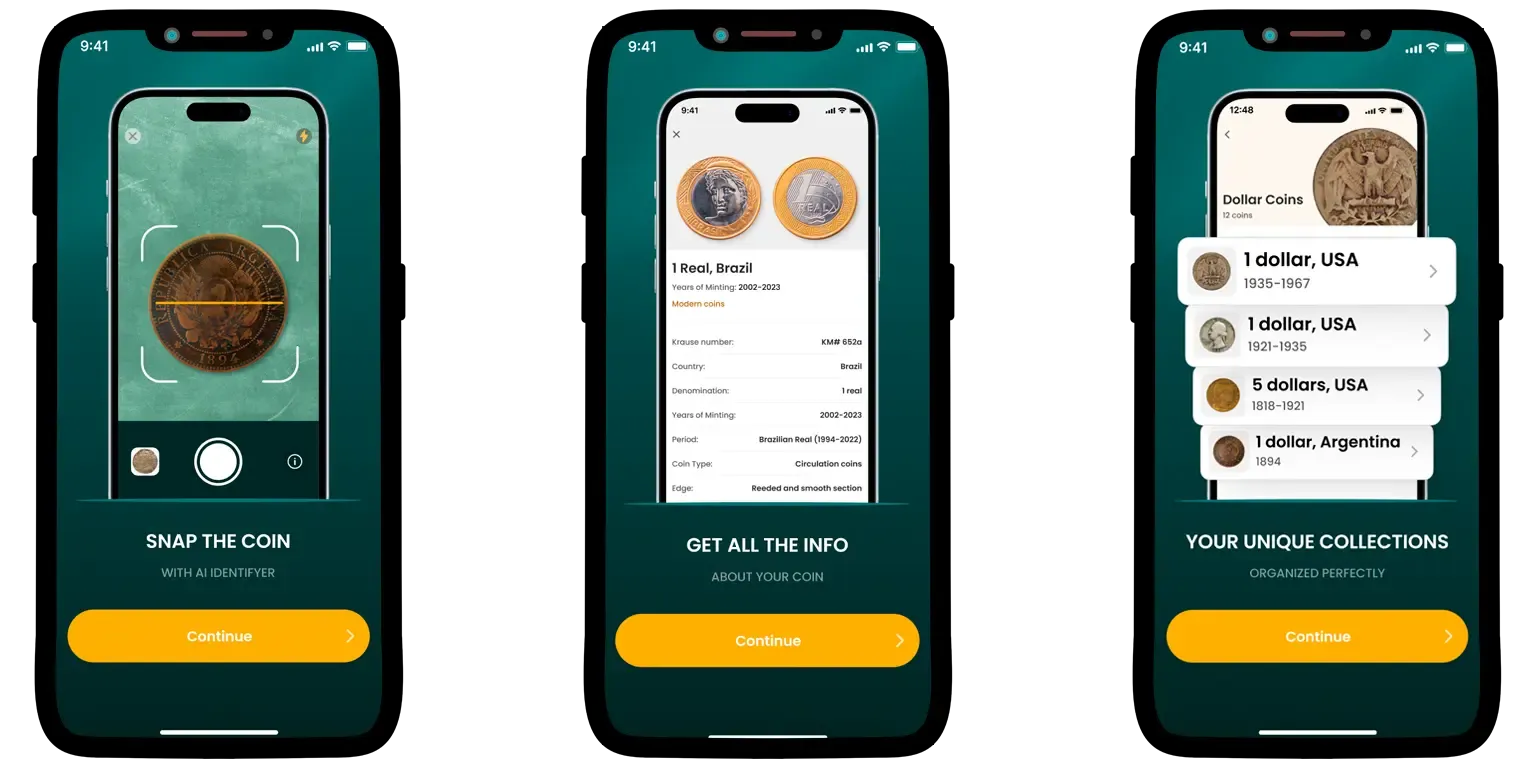 A screenshot from the Coin ID Scanner app that demonstrates the main features of this numismatic system