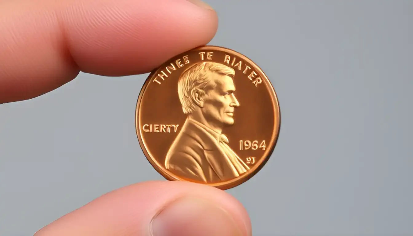 A picture of a 1964 penny with the repunched mint mark, held in a person’s hands, clearly displaying the unique minting error against a neutral background to highlight the flaw.