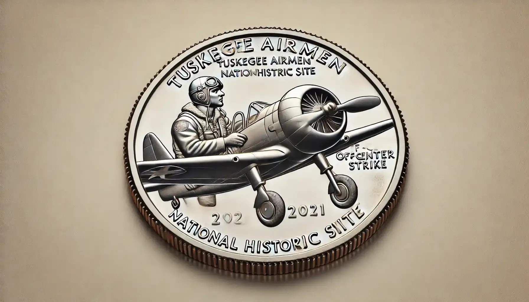 A picture of a 2021 Tuskegee Airmen National Historic Site quarter featuring a visible off-center strike