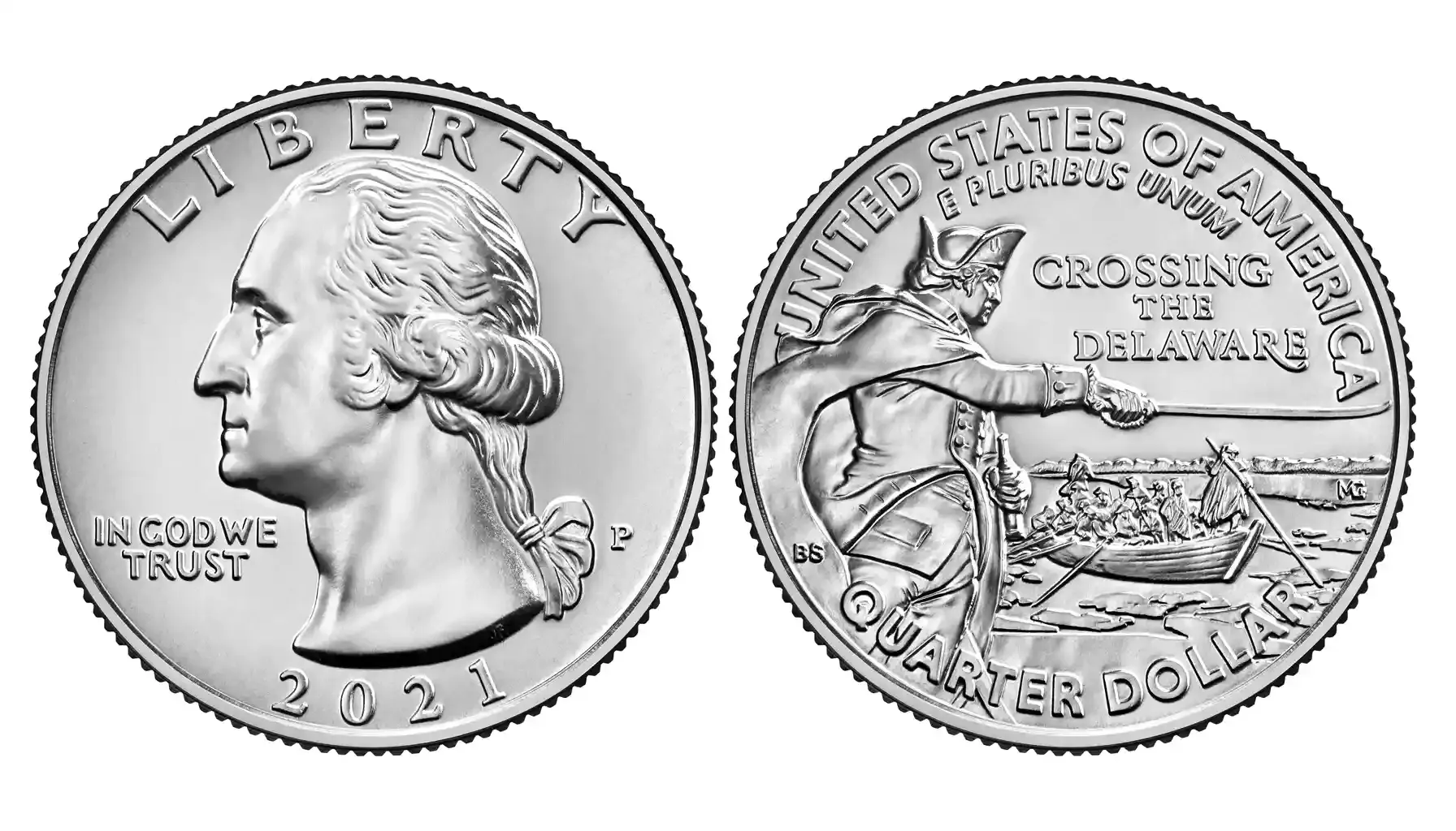 A detailed picture of the 2021 Washington Crossing the Delaware quarter, showcasing the reverse design of George Washington leading his troops across the Delaware River