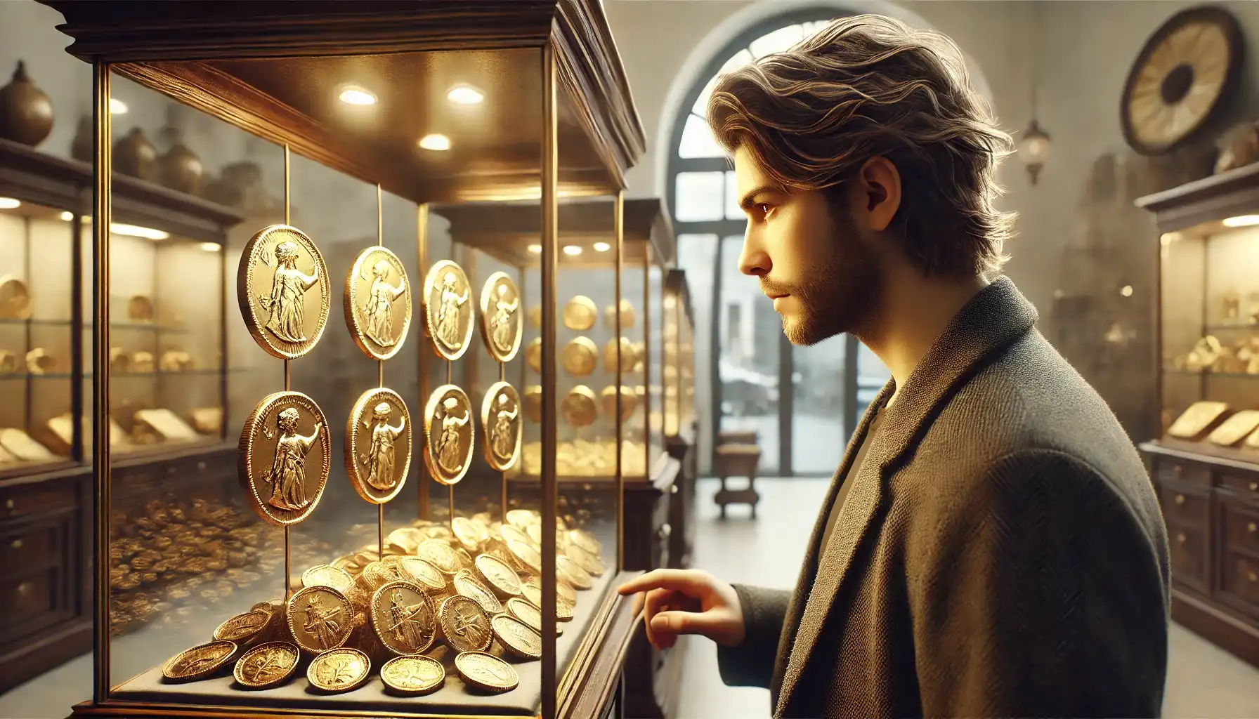 A picture of a person looking at the gold ancient Greek coins in the vintage store