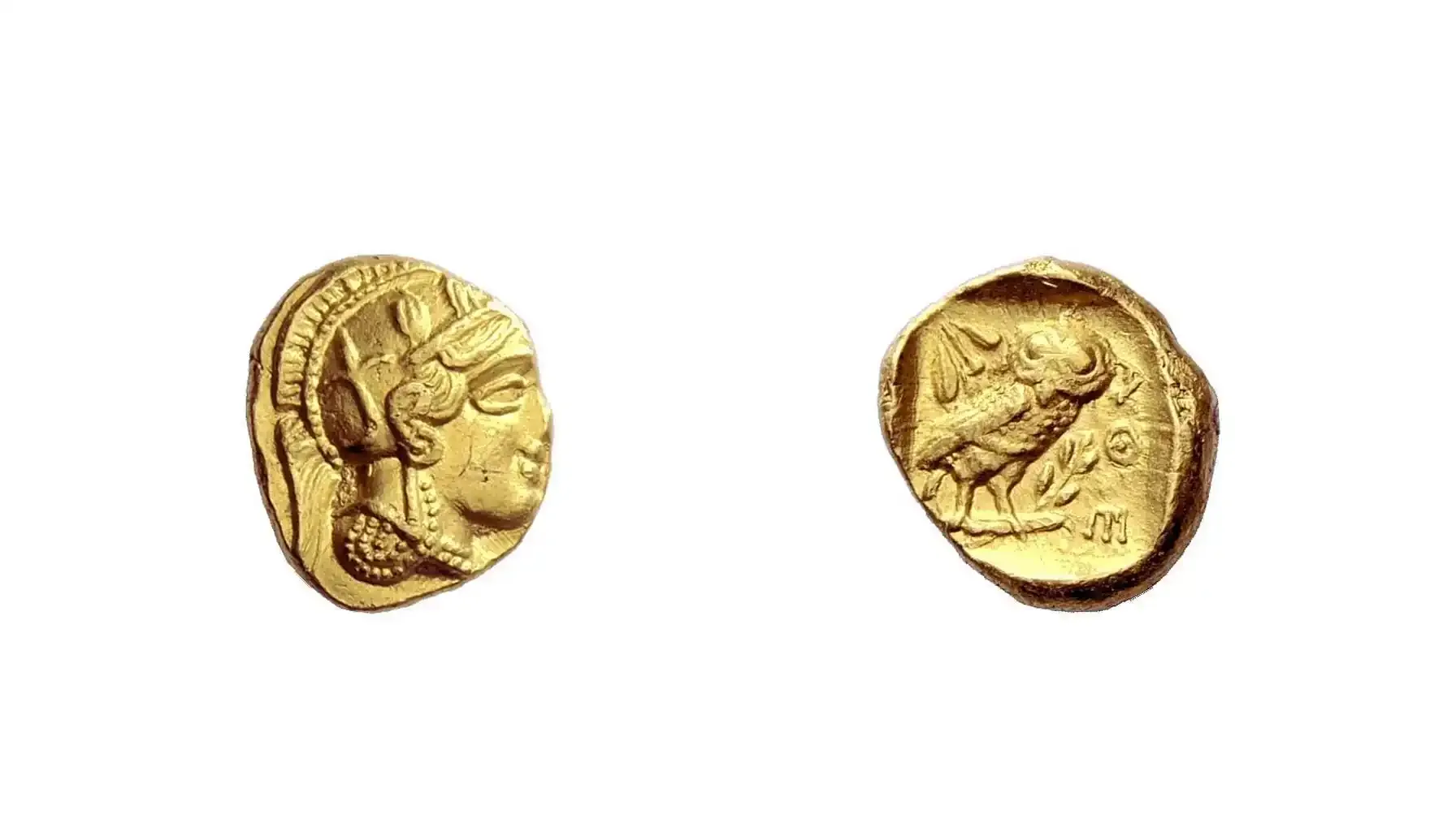 A picture of the Athenian Gold Stater, featuring the obverse with the iconic helmeted head of Athena and the reverse showcasing an owl