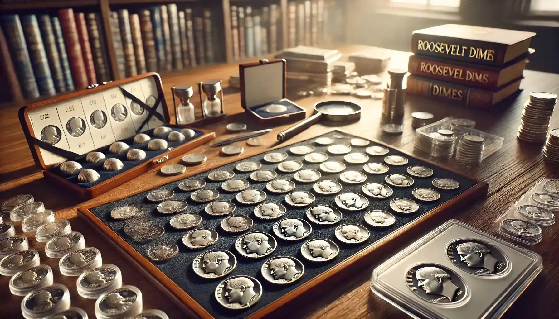 a big collection of Roosevelt dimes worth money on a numismatic table