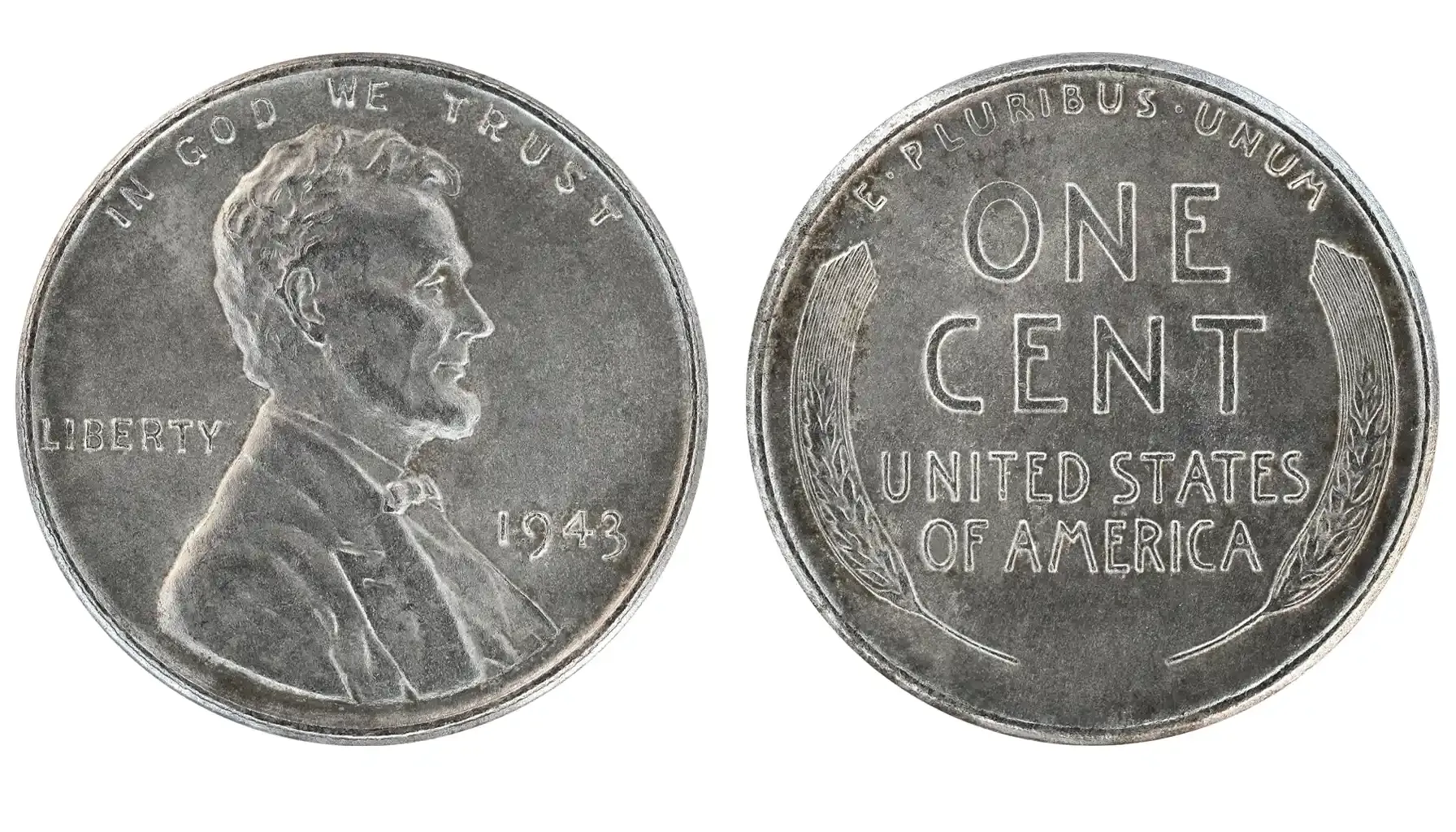 A picture of a 1943 steel penny, showcasing its silver-gray color and unique wartime composition.