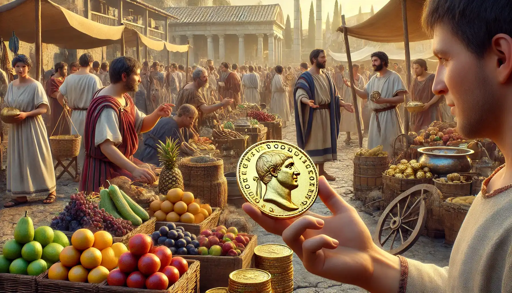 pictute of a lively Roman market scene, where traders and citizens exchange goods using the rare gold roman coins