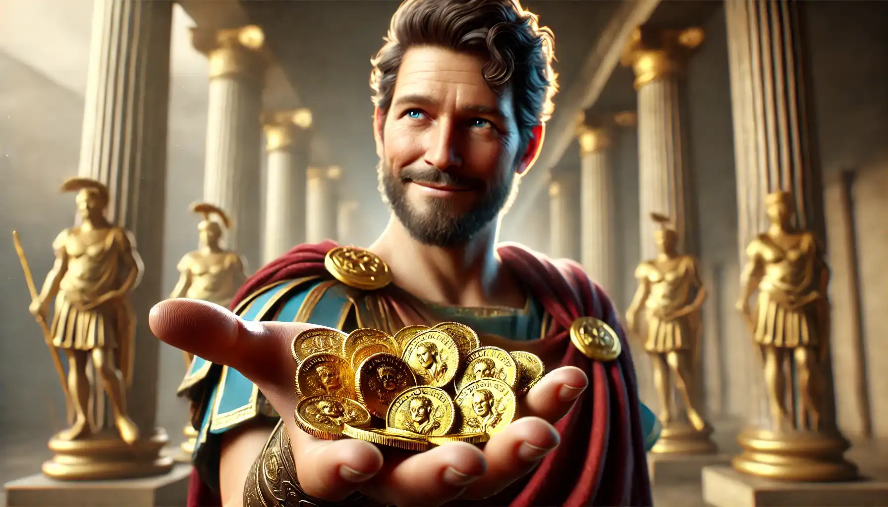 A satisfied, wealthy and influential Roman man related to power holds several roman gold coins in the palm of his hand