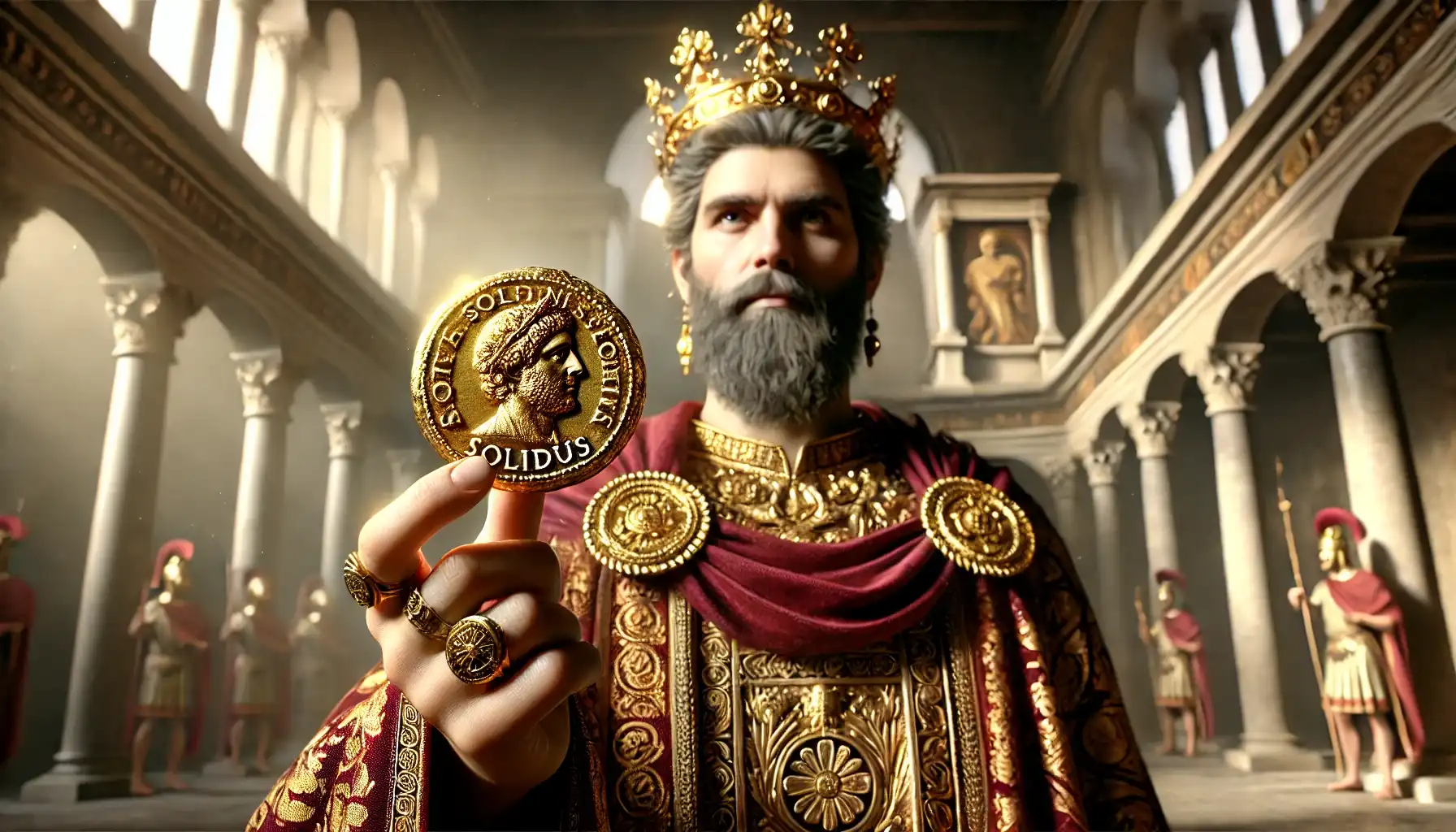 A picture showing a Byzantine emperor holding a solidus, ancient roman gold coin, continuing the legacy of the Roman Empire's coinage system.