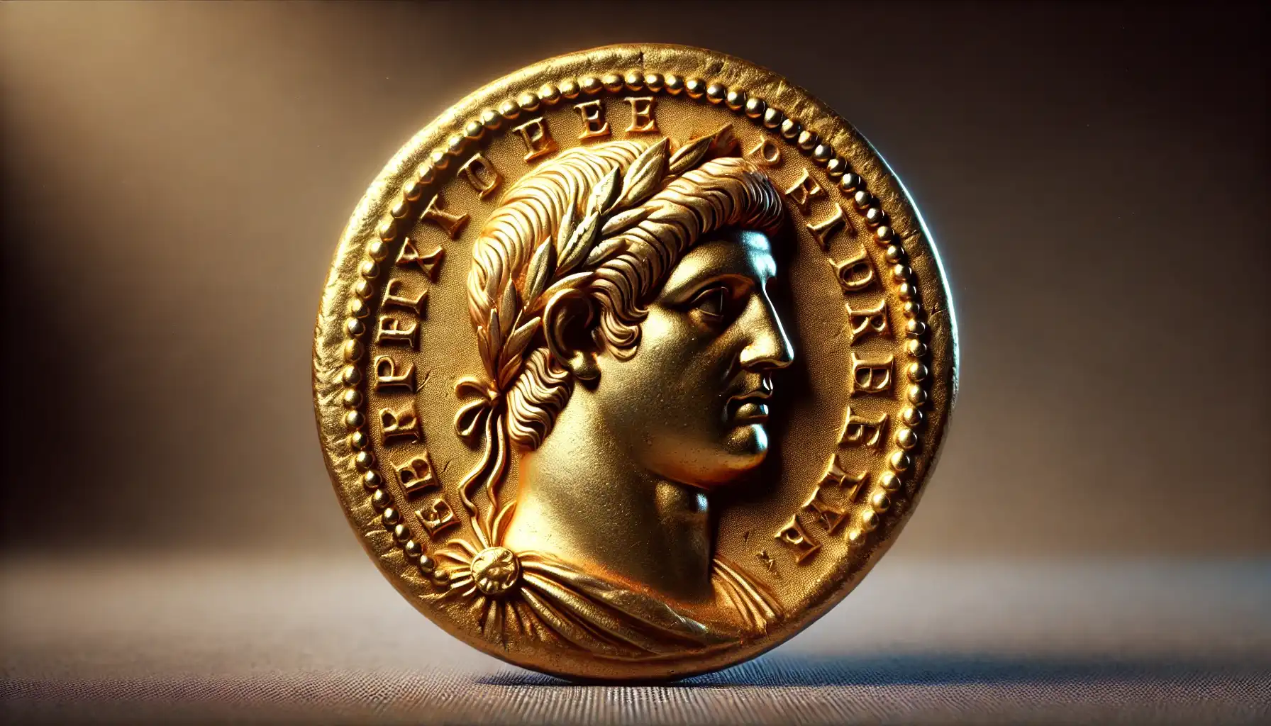 A detailed close-up of the ancient aureus featuring Emperor Nero's portrait on the obverse.