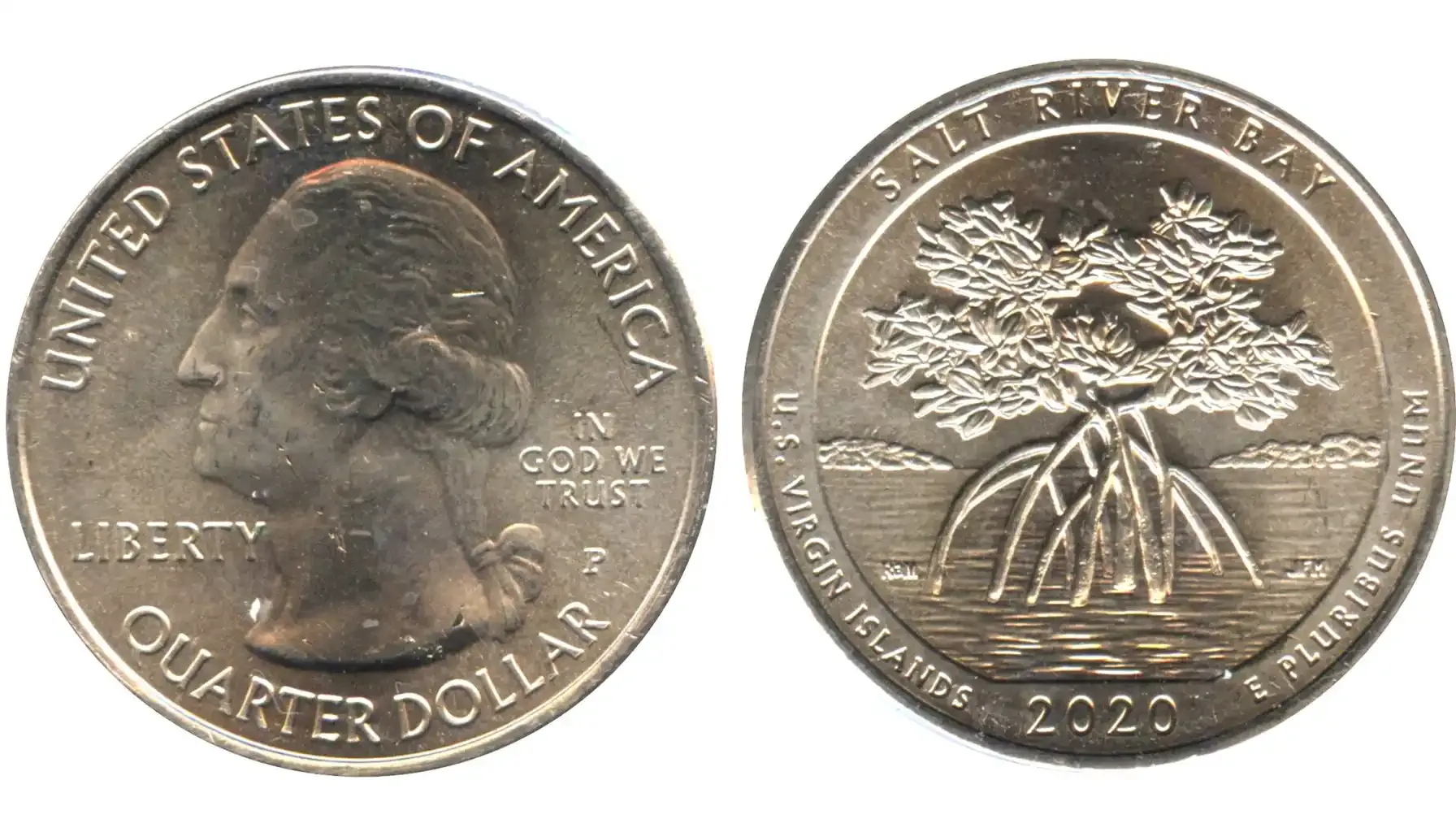 A picture of the 2020 Salt River Bay National Historical Park and Ecological Preserve Quarter, showcasing the design with a view of the river, representing the U.S. Virgin Islands.