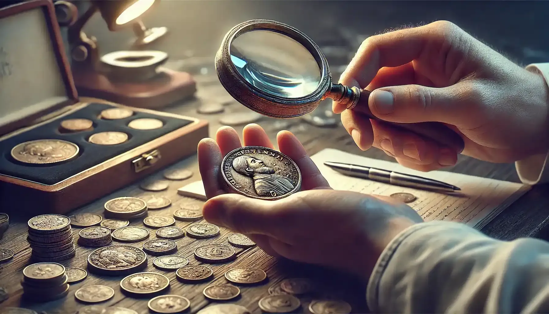 A picture of a coin collector carefully inspecting a coin using a magnifying glass, with a focus on the intricate details of the coin’s design.