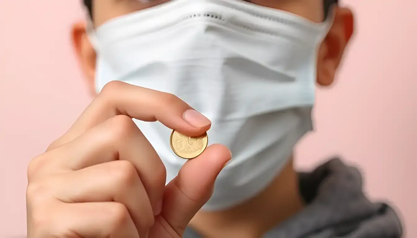 A close-up picture of a person wearing a cloth face mask, commonly worn during the COVID-19 pandemic, while holding a coin gently between their fingers