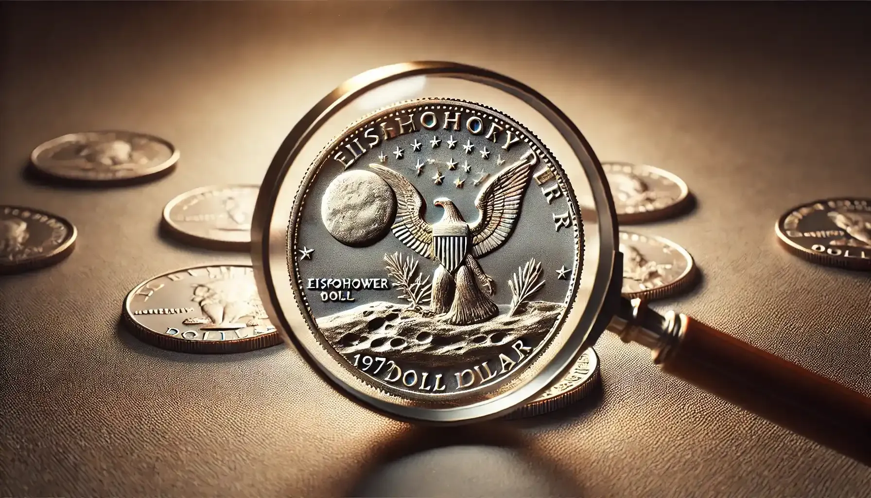 A picture of a 1972 Eisenhower dollar coin being viewed through a magnifying lens