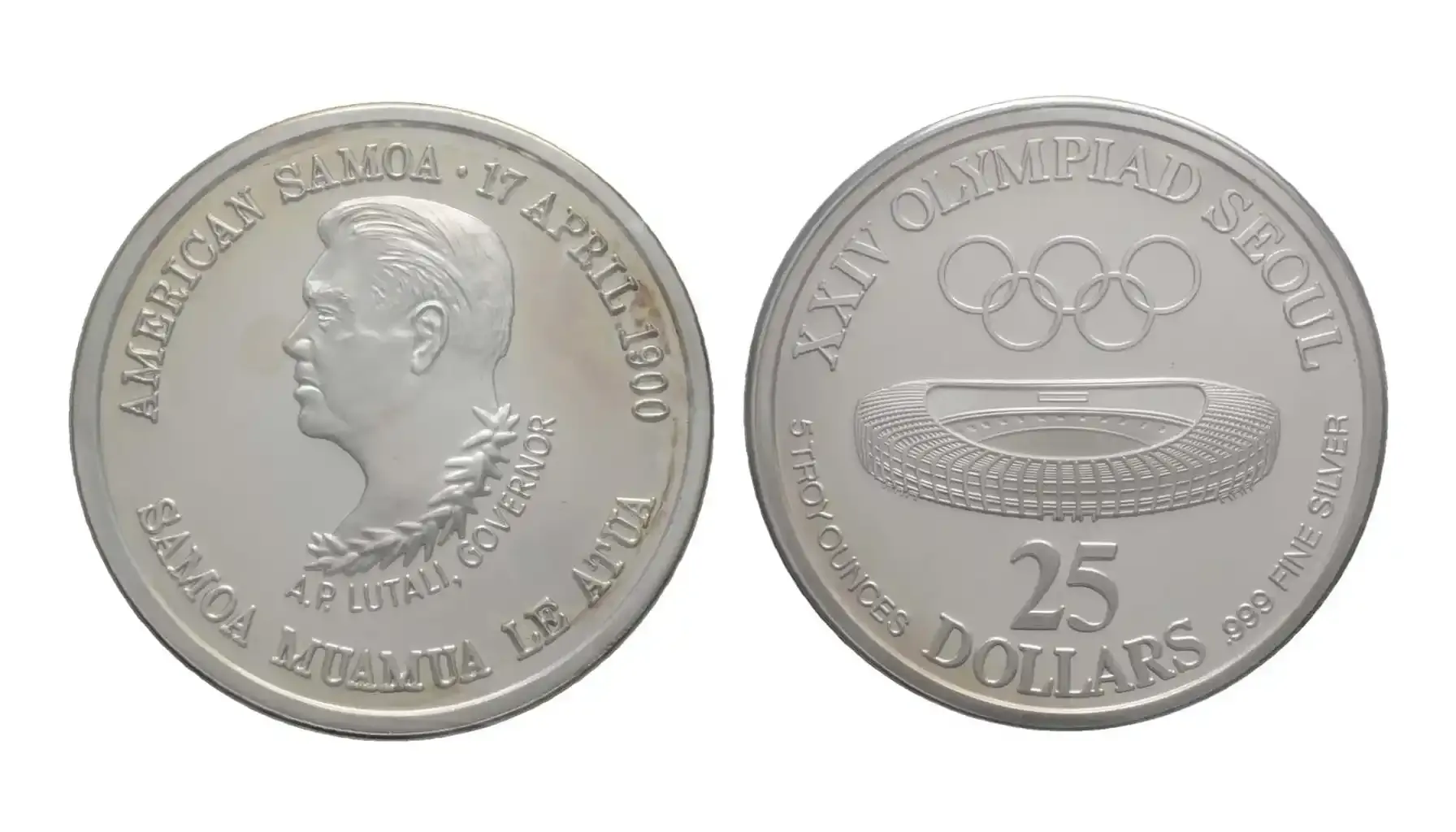 A picture of the 25 Dollar coin from the 1988 Seoul Olympic Games, showcasing the obverse featuring an iconic Olympic symbol or emblem