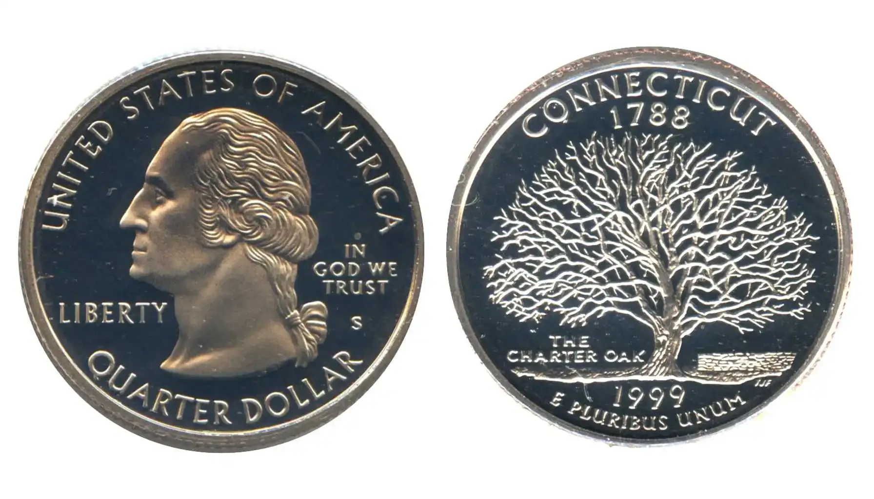 obverse and reverse of a standard 1999 Connecticut quarter