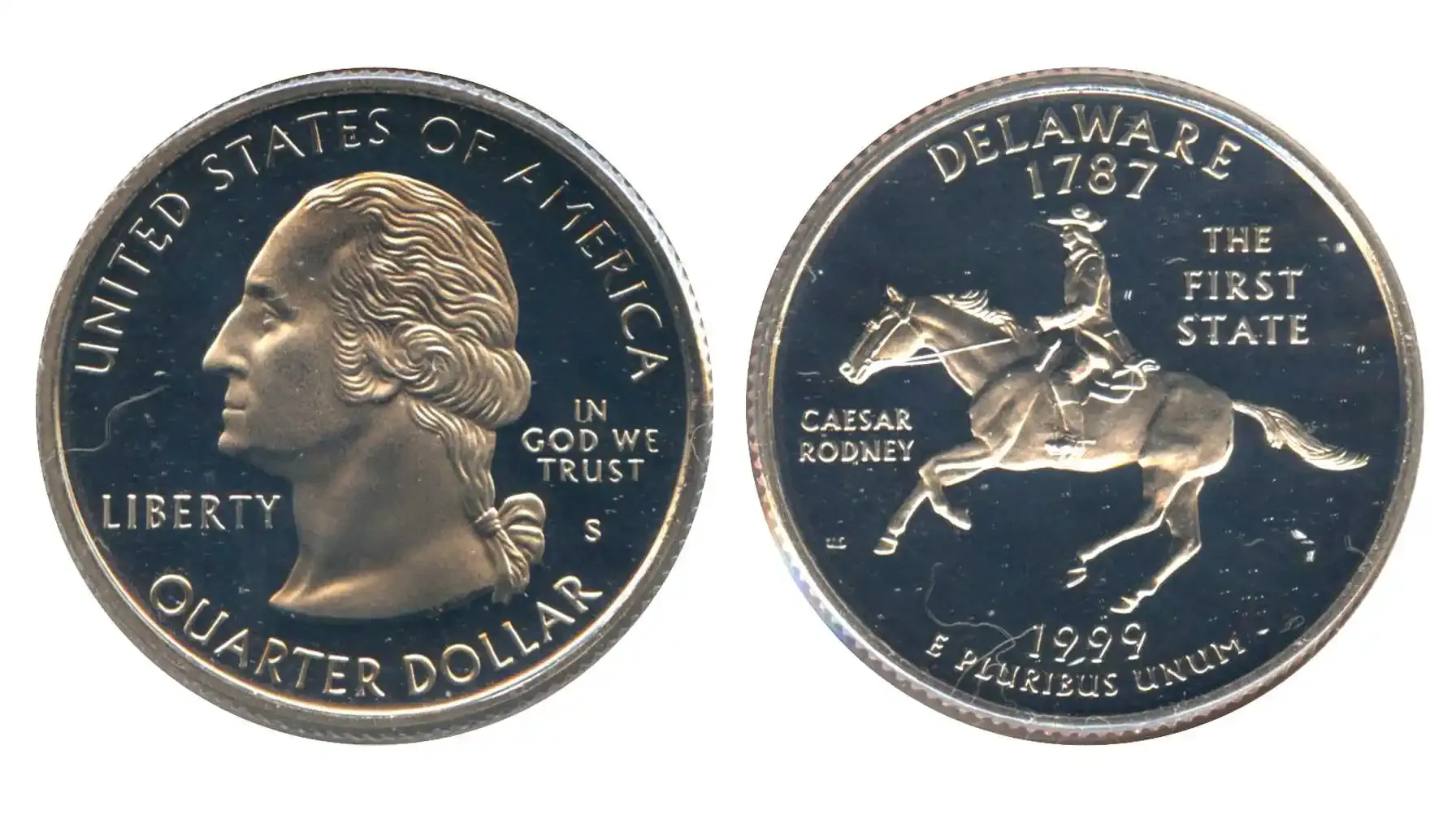 obverse and reverse of a standard 1999 Delaware quarter