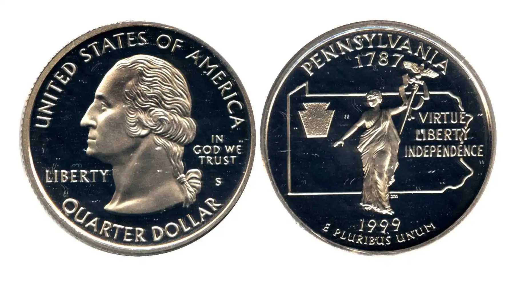 obverse and reverse of a standard 1999 Pennsylvania quarter