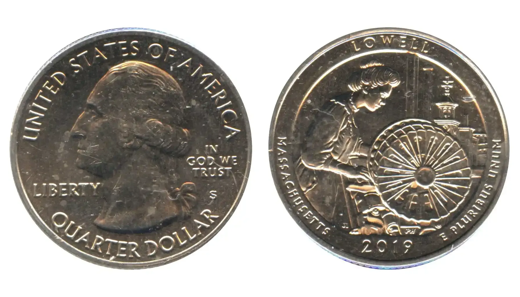 A picture of the 2019 Lowell Quarter, featuring a mill girl working at a power loom with its prominent circular bobbin battery.