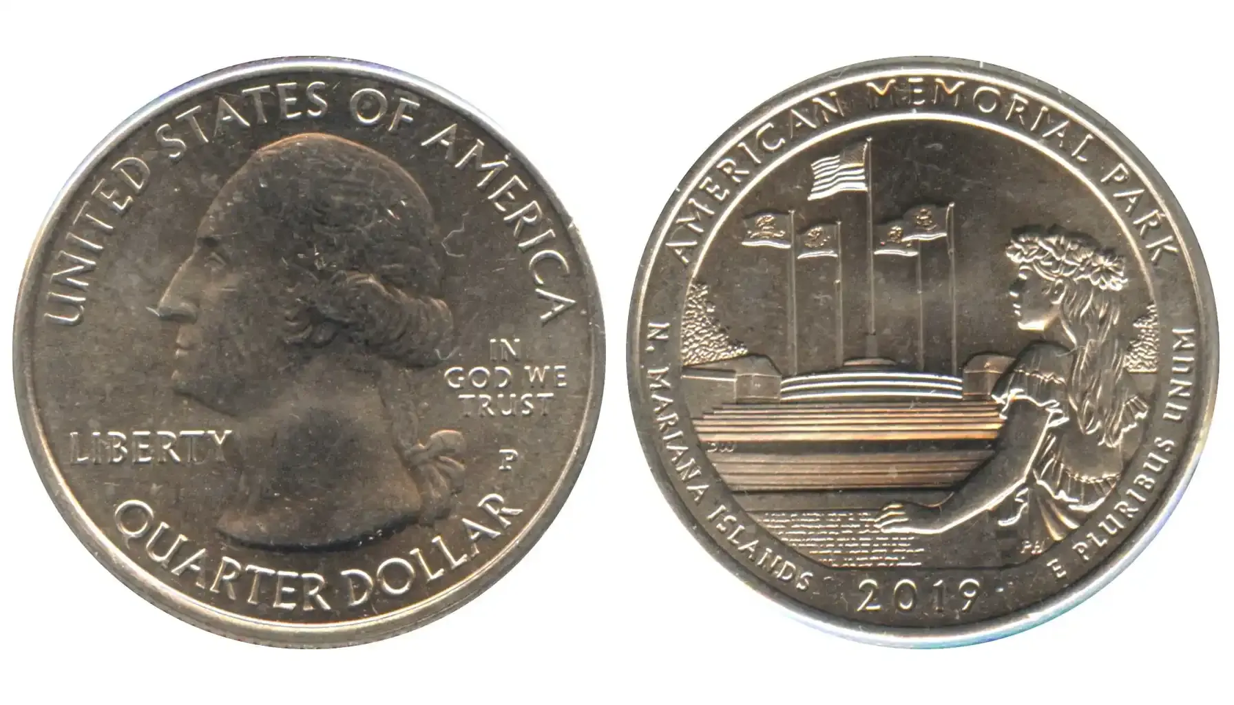 A picture of the 2019 American Memorial Park Quarter, featuring a young woman in traditional dress at the front of the Flag Circle and Court of Honor.